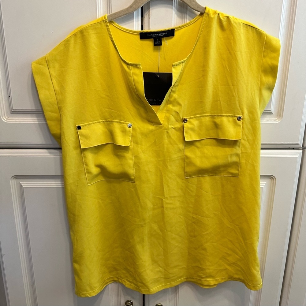 Marc New York Bright Yellow Utility Pocket V-Neck Blouse - Women's